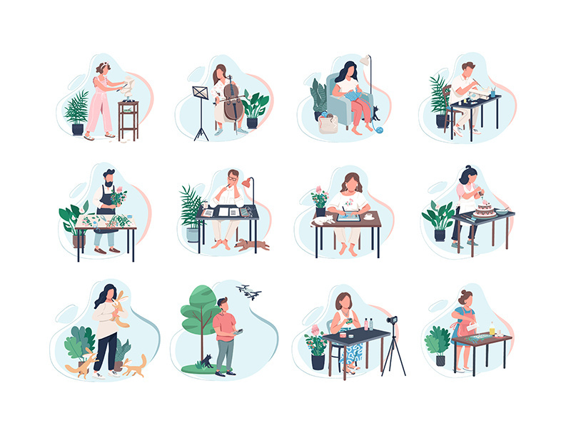 Pastime activity flat color vector faceless characters set