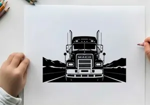 Mack truck silhouette on open road with mountains