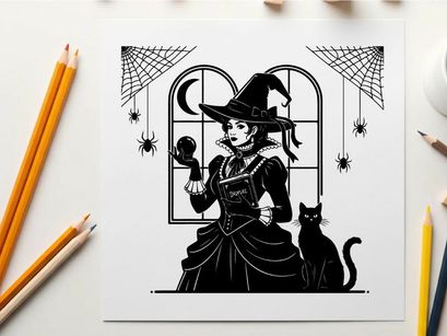 Silhouette of a witch and her black cat by a moonlit window