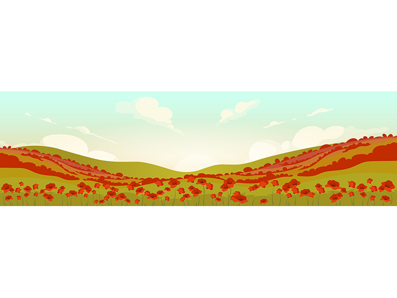 Tuscan poppy field at sunrise flat color vector illustration