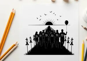 Silhouette of a group walking towards sunrise with balloons and ribbons