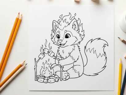 Cute cartoon cat roasting marshmallows campfire vector illustration
