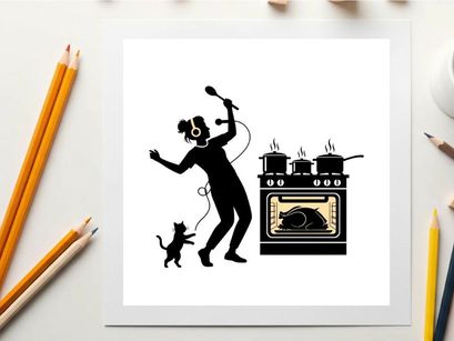 Silhouette of a woman singing with a cat and oven silhouette