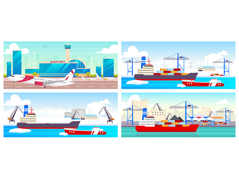 Airport and seaports flat color vector illustrations set