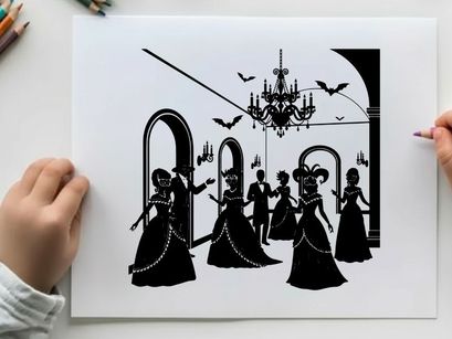 Elegant silhouette of people in a ballroom with chandelier and bats