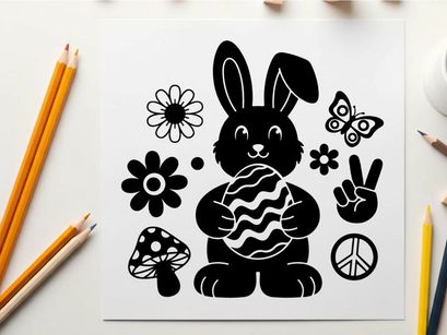 Easter bunny silhouette with floral and peace symbols