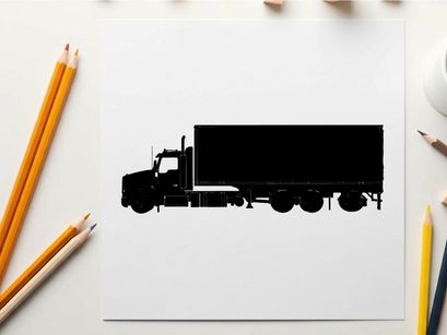 Black silhouette of a large semi truck with trailer