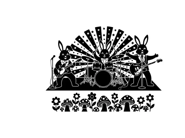 Silhouette of three rabbits playing music on stage with flowers and mushrooms