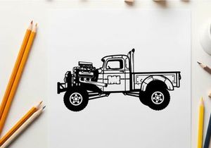 Silhouette of a vintage pickup truck with large tires and exposed engine silhouette