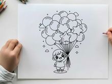 Child holding heart balloon cluster vector illustration