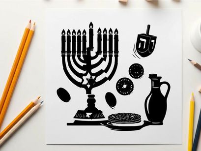 Hanukkah silhouette with menorah dreidel and traditional foods