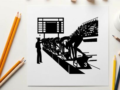 Silhouette of athletes at starting line in a stadium