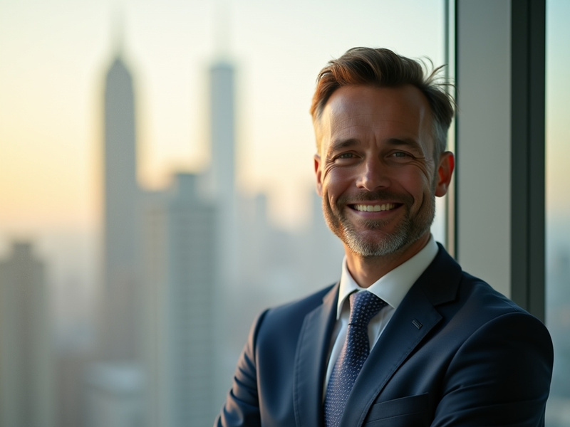 A smiling confident businessman stands with crossed arms in front of a city skyline.