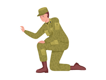 Upset military man standing on knee semi flat color vector character preview picture