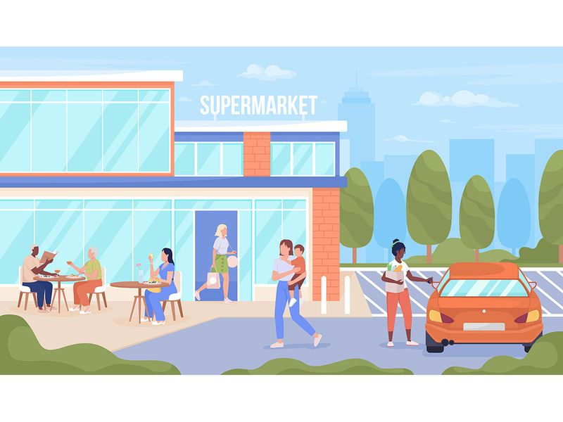 People visiting urban supermarket illustration