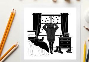 Woman silhouette standing by window in bedroom with cat and boots