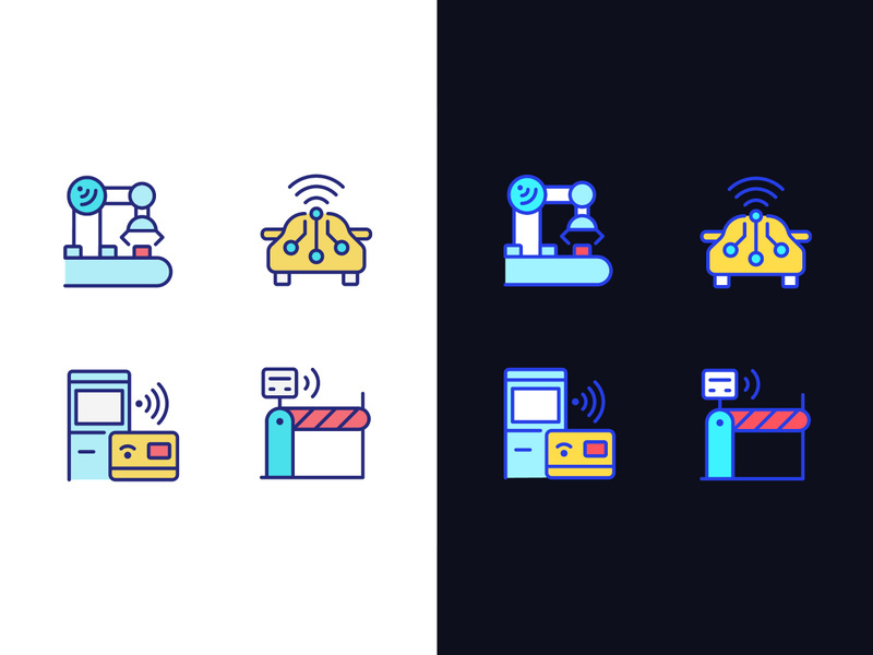 Wireless technologies pixel perfect light and dark theme color icons set