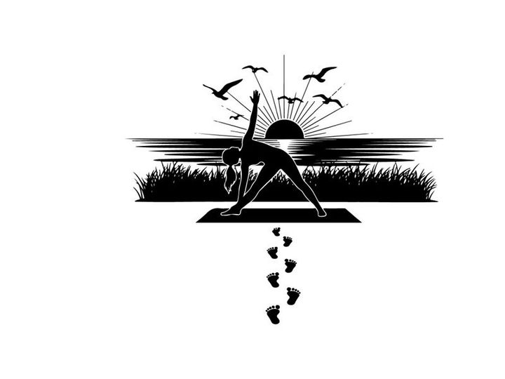 Silhouette of a woman practicing yoga at sunrise with birds flying overhead silhouette