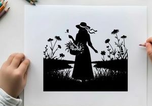 Silhouette of a woman in a field with flowers and a basket
