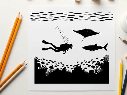 Silhouette of scuba diver and marine life underwater scene