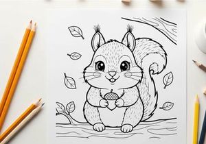 Cute squirrel holding acorn autumn leaves vector illustration