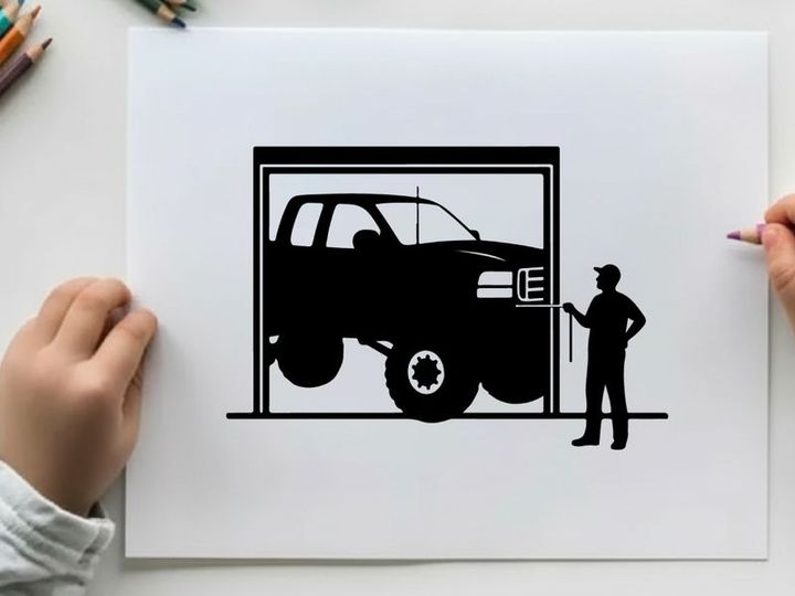 Silhouette of a man standing next to a large truck in a garage silhouette