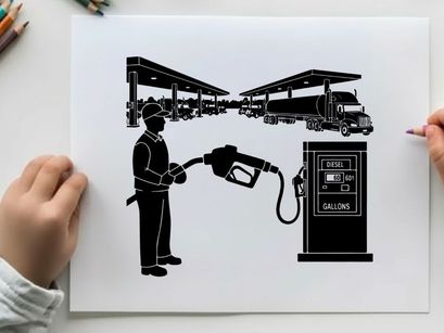 Silhouette of a man refueling a large truck at a gas station silhouette