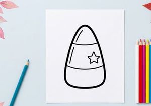 Candy corn coloring page for kids. Simple Halloween treat line art illustration.