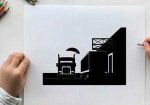 Truck silhouette parked beside a warehouse at sunset