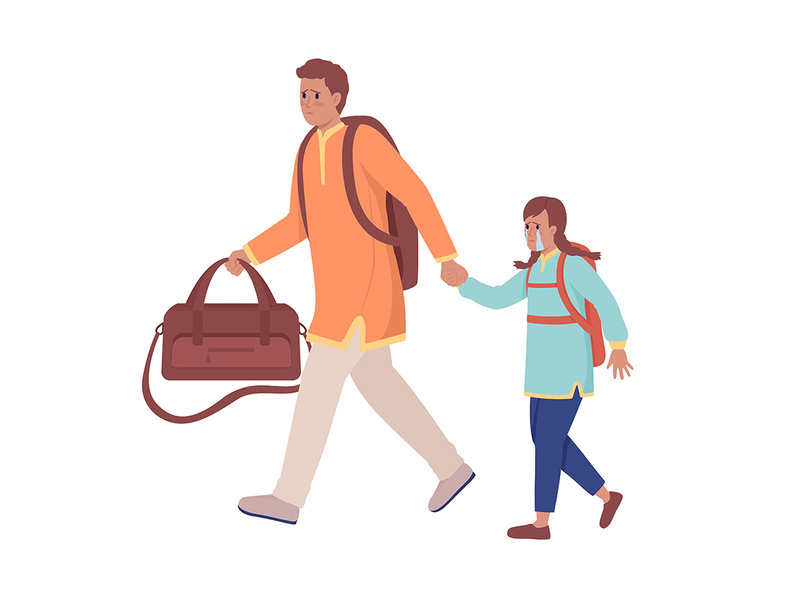 Father with girl running away from bombing flat color vector characters