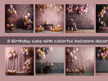 Birthday cake with colorful balloons decorations preview picture