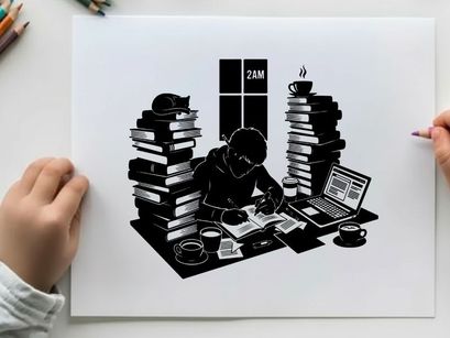 Silhouette of a person surrounded by books and technology in a cluttered workspace silhouette