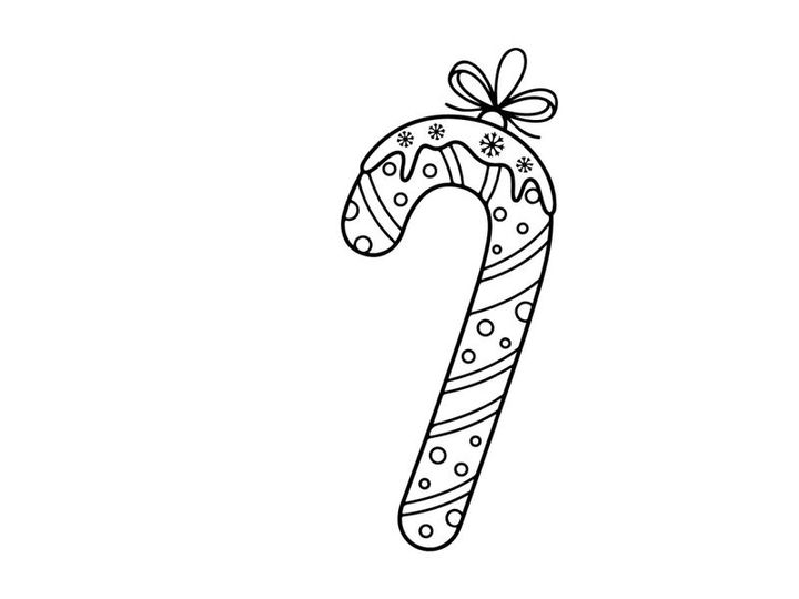 Handgezeichnete Zuckerstangen-Dekoration mit Schleife, schwarze und weiße Weihnachts-Linienkunst-Ikone.