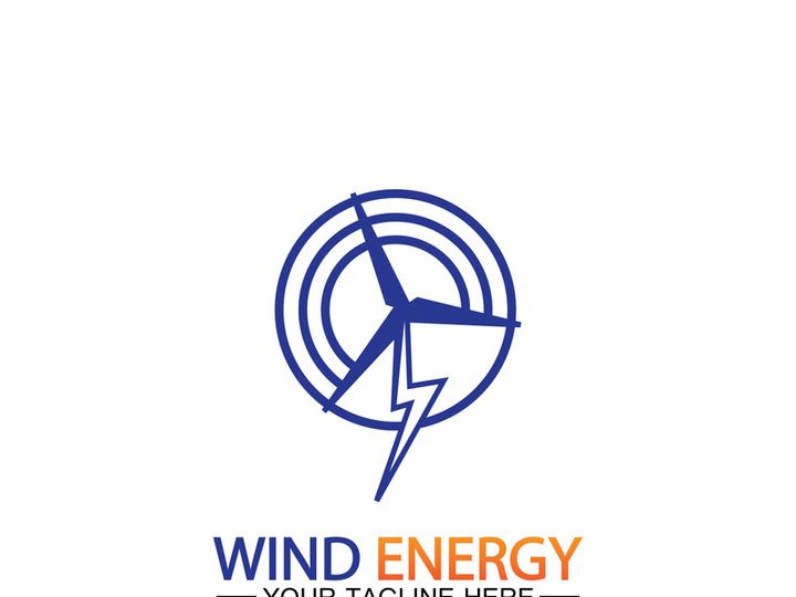 Wind energy logo. renewable energy icon with wind turbines and thunder bolt isolated on white background