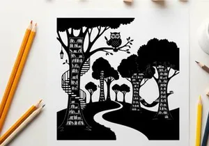 Whimsical forest scene with treehouse silhouette and winding path
