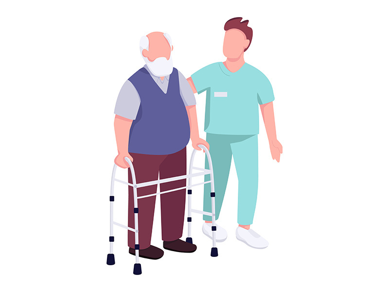 Senior man with walker and volunteer flat color vector faceless character
