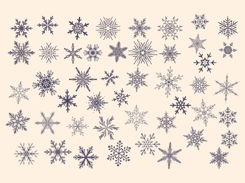 Collection snowflakes doodle falling, christmas decoration icon set.