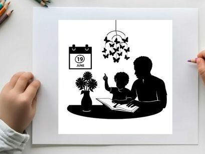 Silhouette of a man and child reading together on june 19th