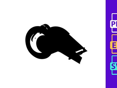 A black and white illustration of a classic referee whistle