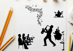 Jazz band silhouette with musical notes and instruments