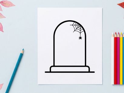 Halloween spiderweb on empty doorway frame. Spooky arched entrance with flying bat decoration for festive event.