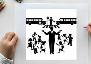School crossing guard silhouette stopping children and buses
