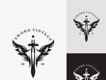 Sword vintage logo design. illustration sword element, can be used as logotype, icon, template coat of arms concept