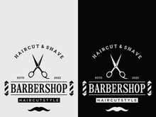 Barbershop logo in vintage style with the concept of scissors, razor and other tools.Logo for business, salon, label and barbershop.