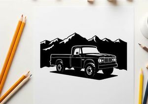 Silhouette of a pickup truck in front of mountains