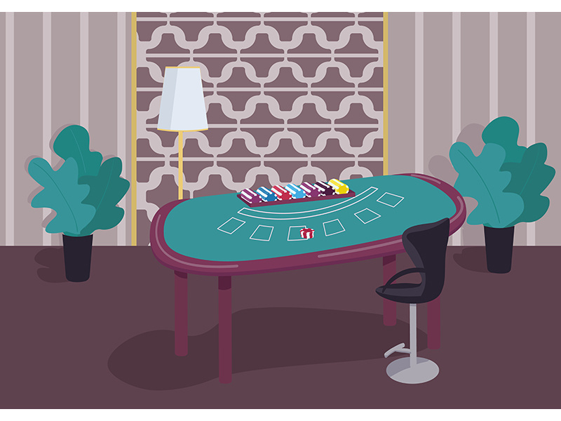 Blackjack green table flat color vector illustration