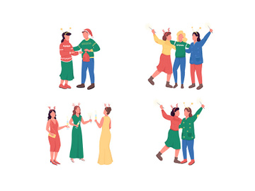 Friends on Christmas party flat color vector faceless character set preview picture