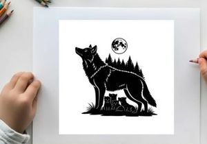 Silhouette of a wolf howling at the full moon in forest