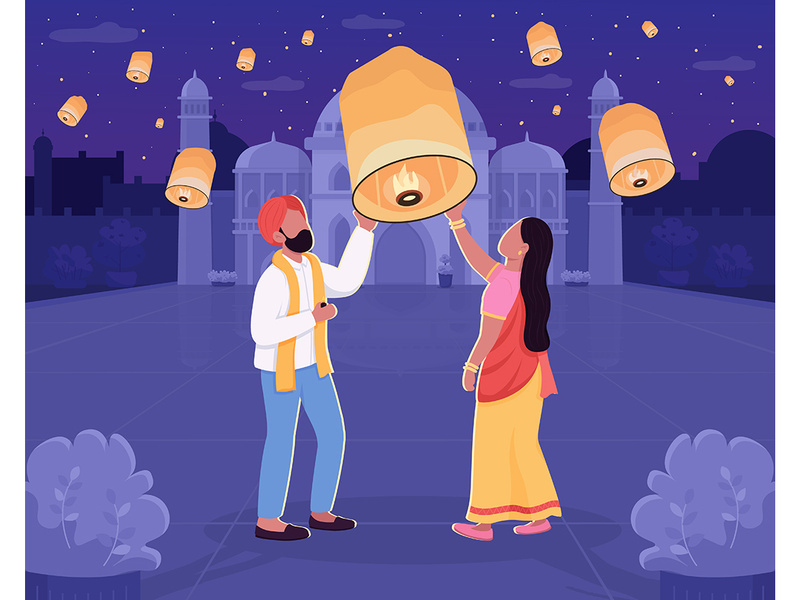 Traditional Diwali celebration flat color vector illustration