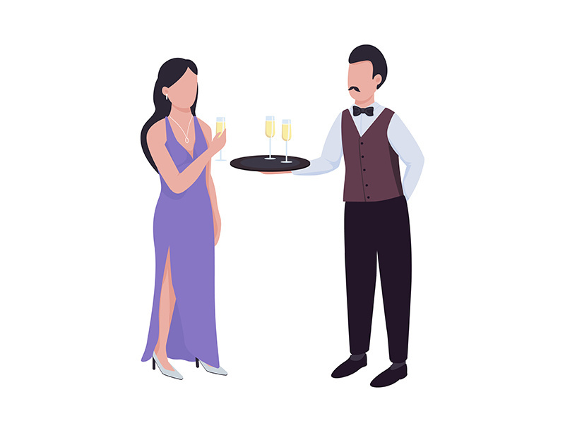 Waiter serving sparkling wine to lady semi flat color vector characters